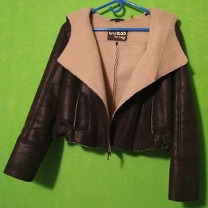 Guess, faux leather and sherpa lined jacket. Cropped, zip up, dark olive green